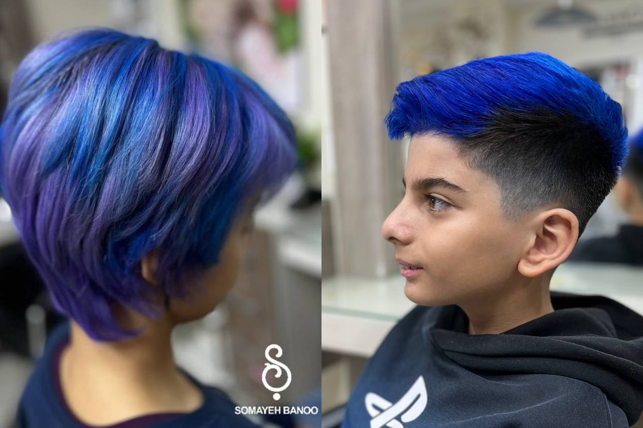 ترکیب رنگ مو شرابی و آبی تیره