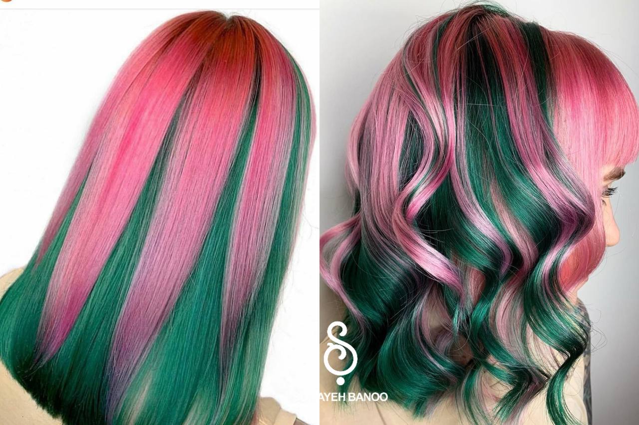 رنگ مو دو تیکه سبز و صورتی