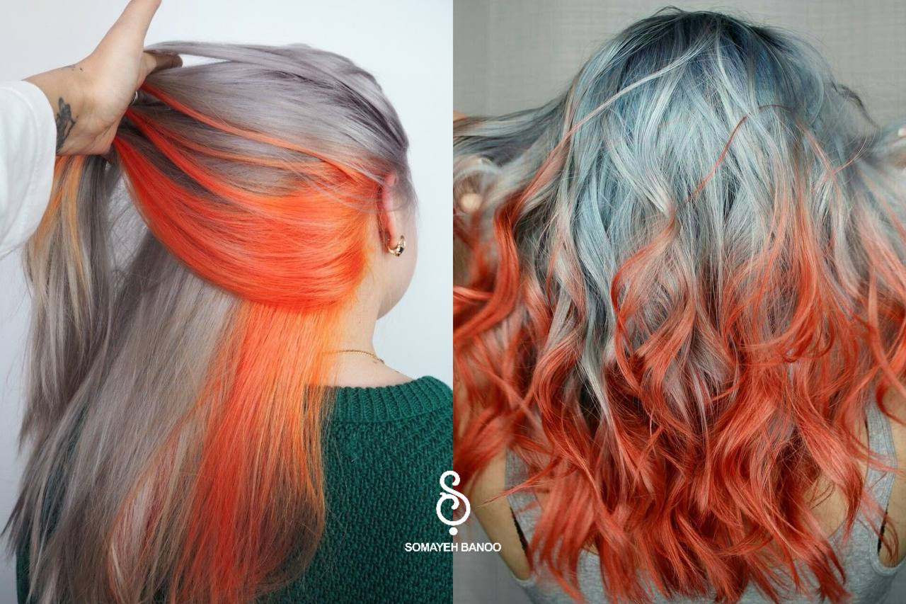 رنگ موی فانتزی نارنجی و طوسی