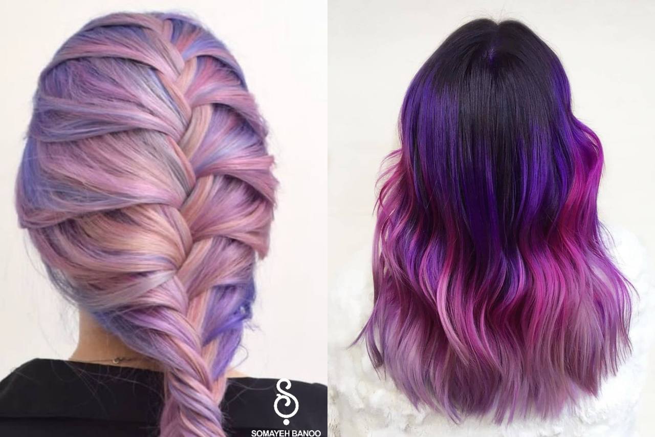 رنگ مو بلند یاسی و صورتی